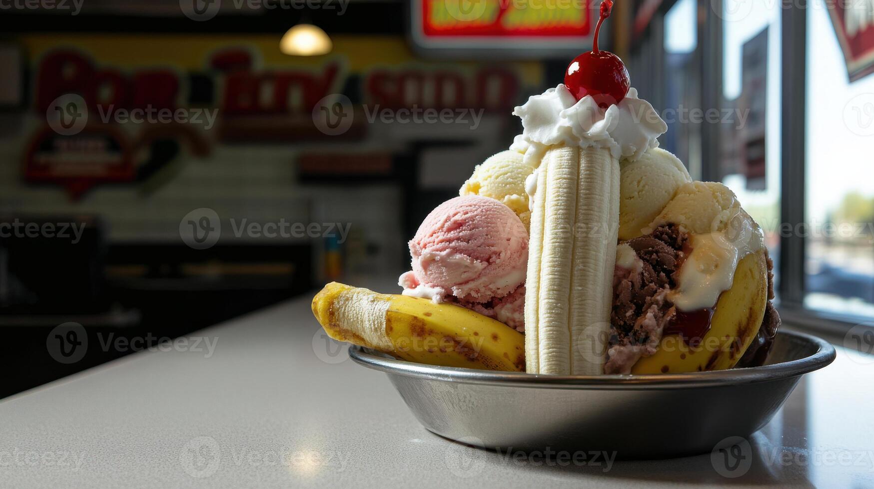 A bowl of ice cream with bananas and a cherry on top photo