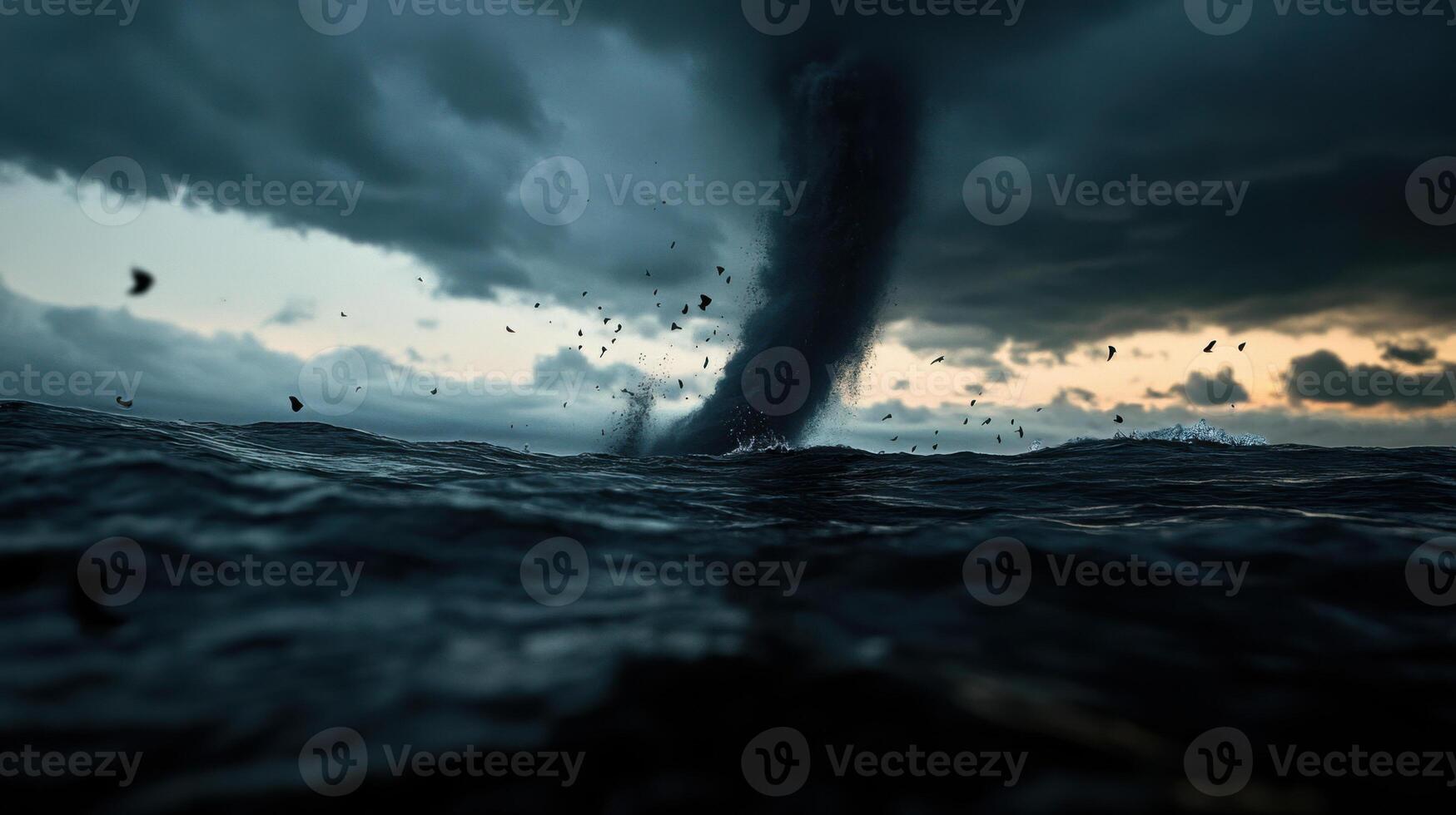 giant waterspout swirling over sea, creating dramatic scene photo