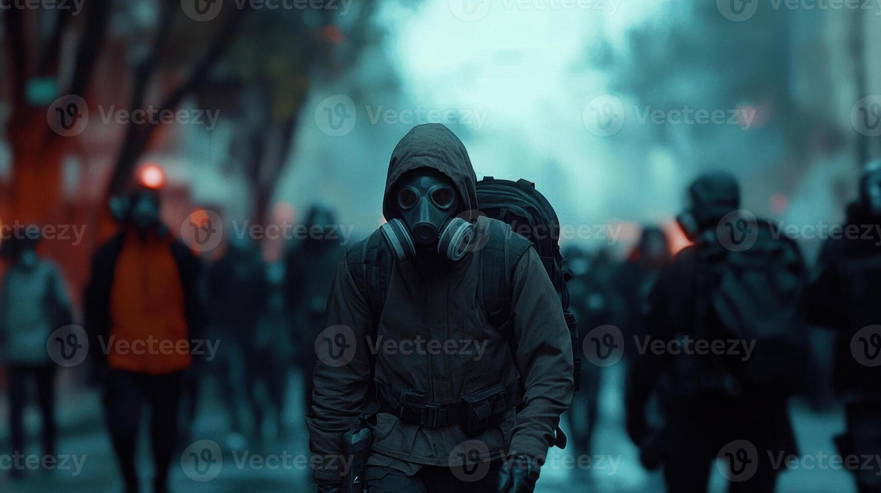 masked figure walks through polluted city during protest, evoking concern photo
