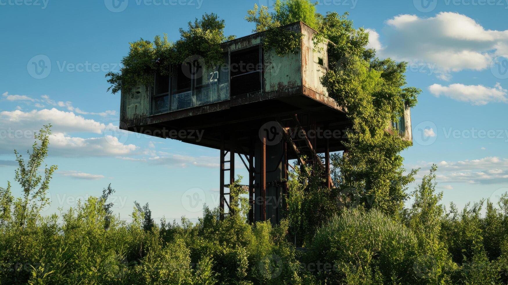 Futuristic abandoned structure overgrown with greenery and blue sky photo