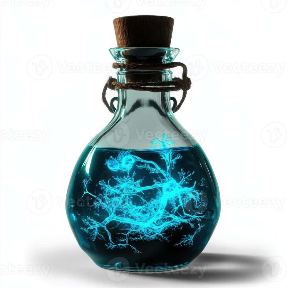A bottle with glowing blue liquid inside photo