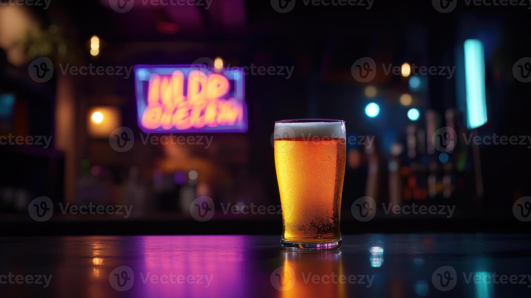 glass of refreshing golden beer with frothy top in bar setting photo