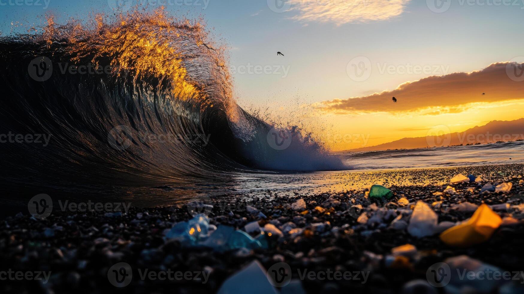giant wave crashing onto beach at sunset, with colorful debris scattered photo