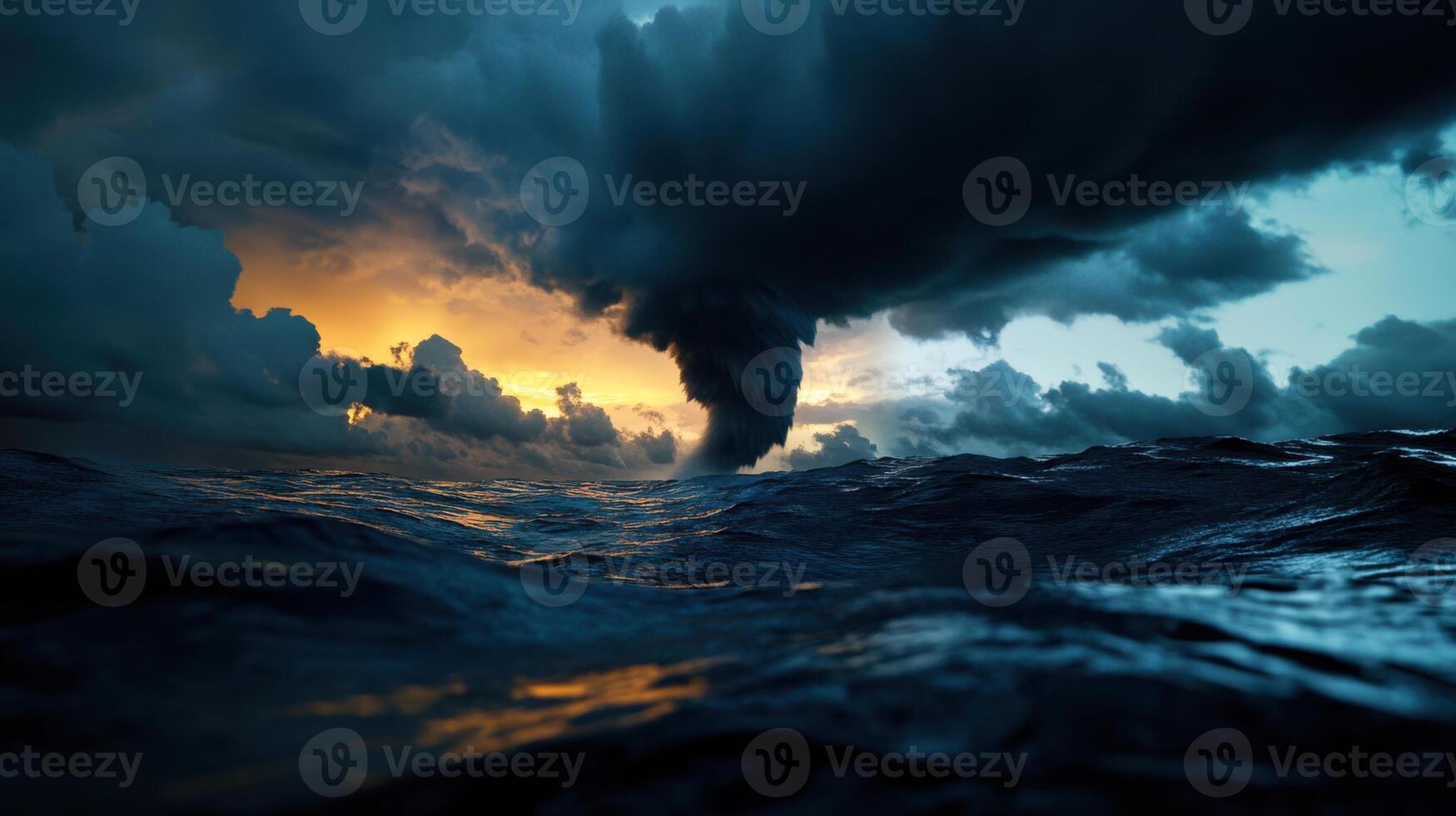 giant waterspout swirling over sea during dark stormy sunset photo