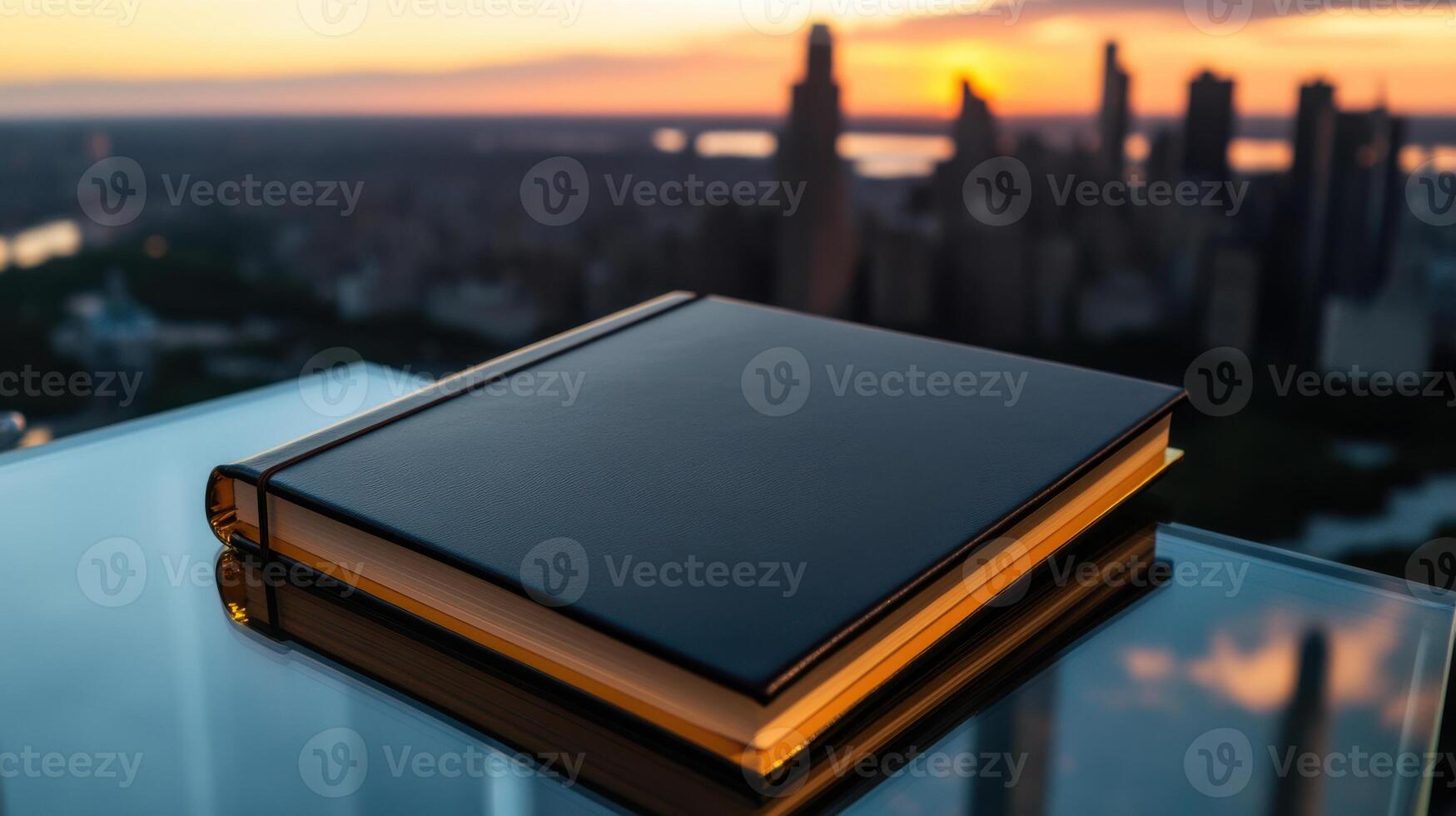 A book on a glass table with a city in the background photo