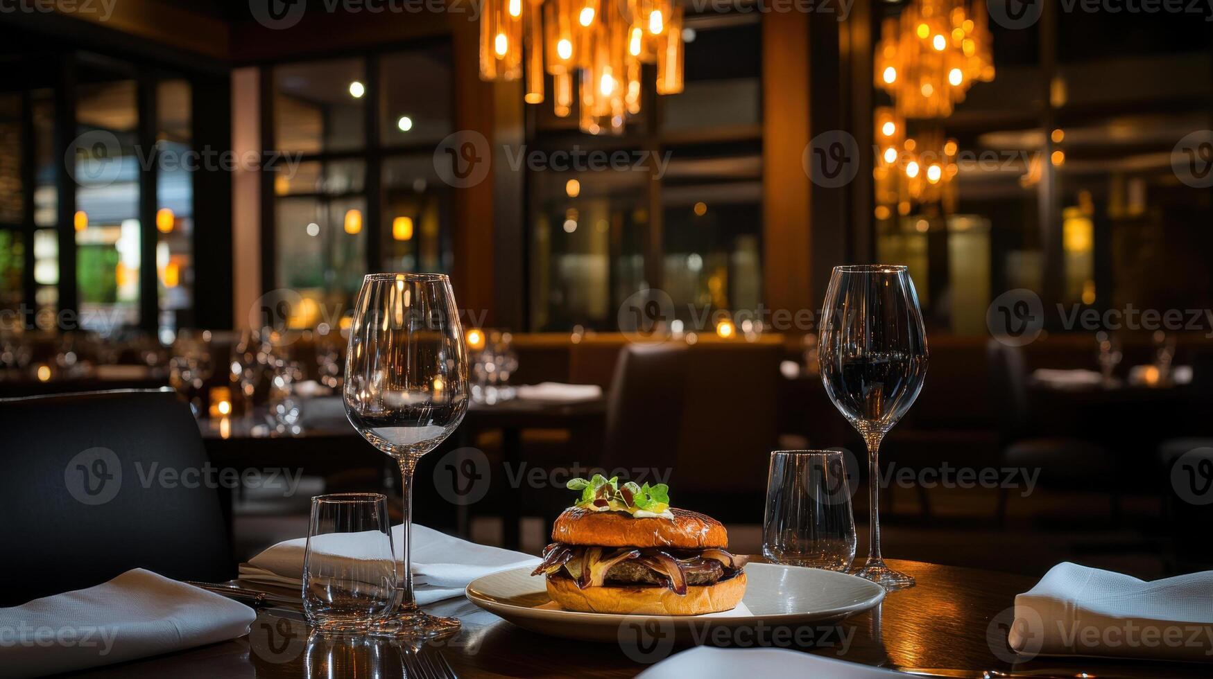 gourmet burger with truffle aioli served in stylish restaurant setting photo