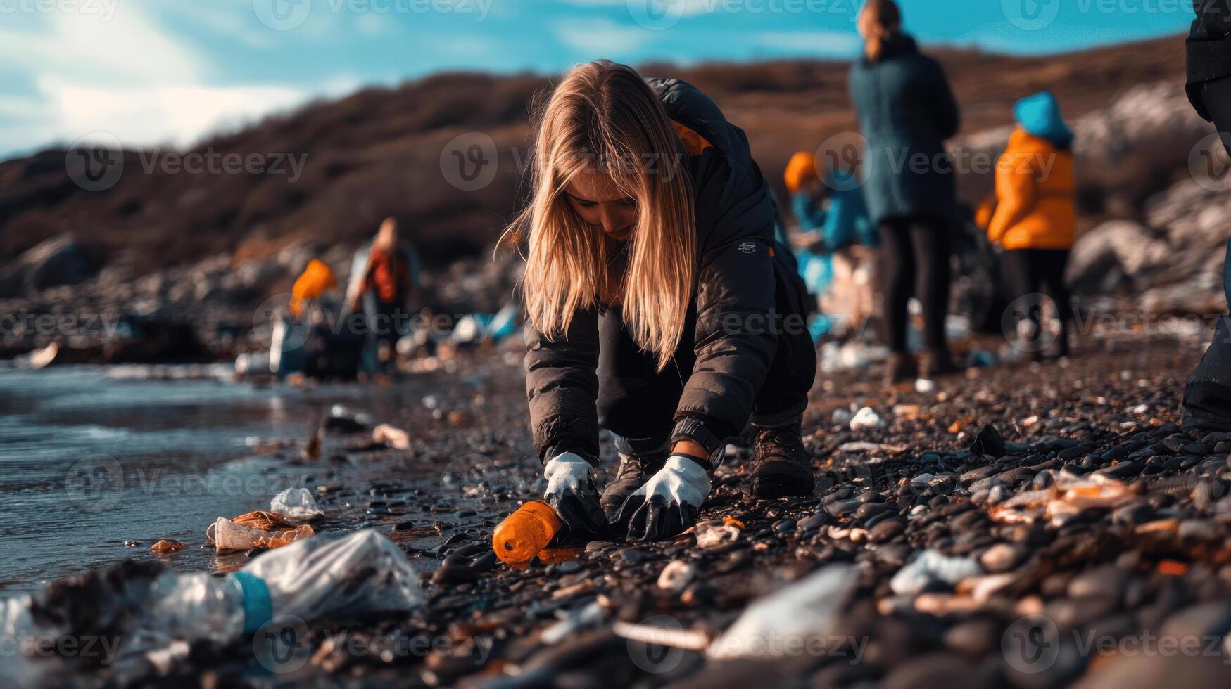 Cleaning up polluted beach with group of volunteers, collecting trash photo