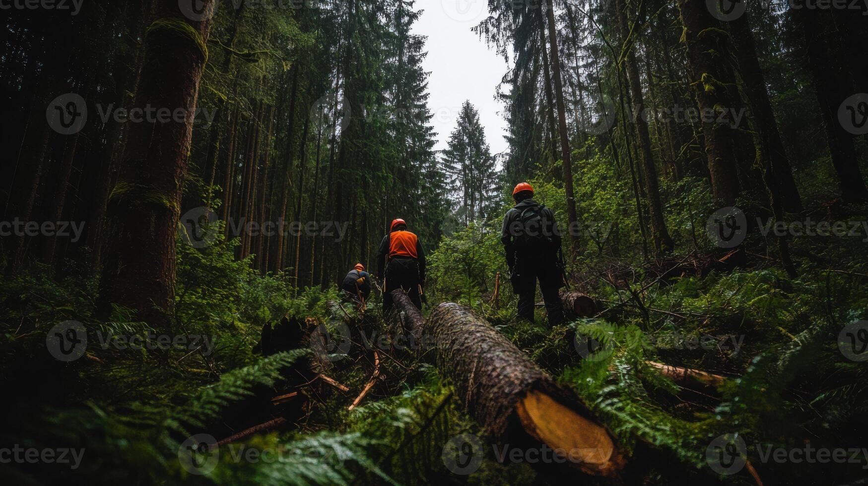 Loggers working in dense forest, felling trees and managing logs photo
