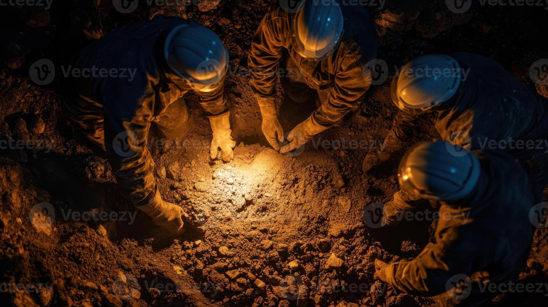 Miners in protective suits working together to extract minerals underground photo