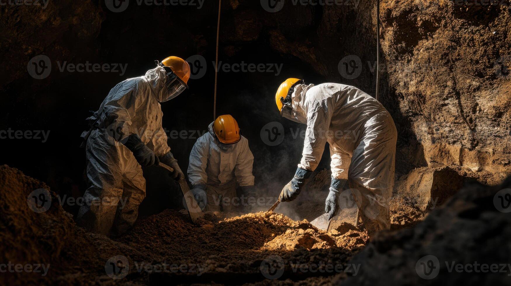 Miners in protective suits working in dark cave, extracting minerals photo
