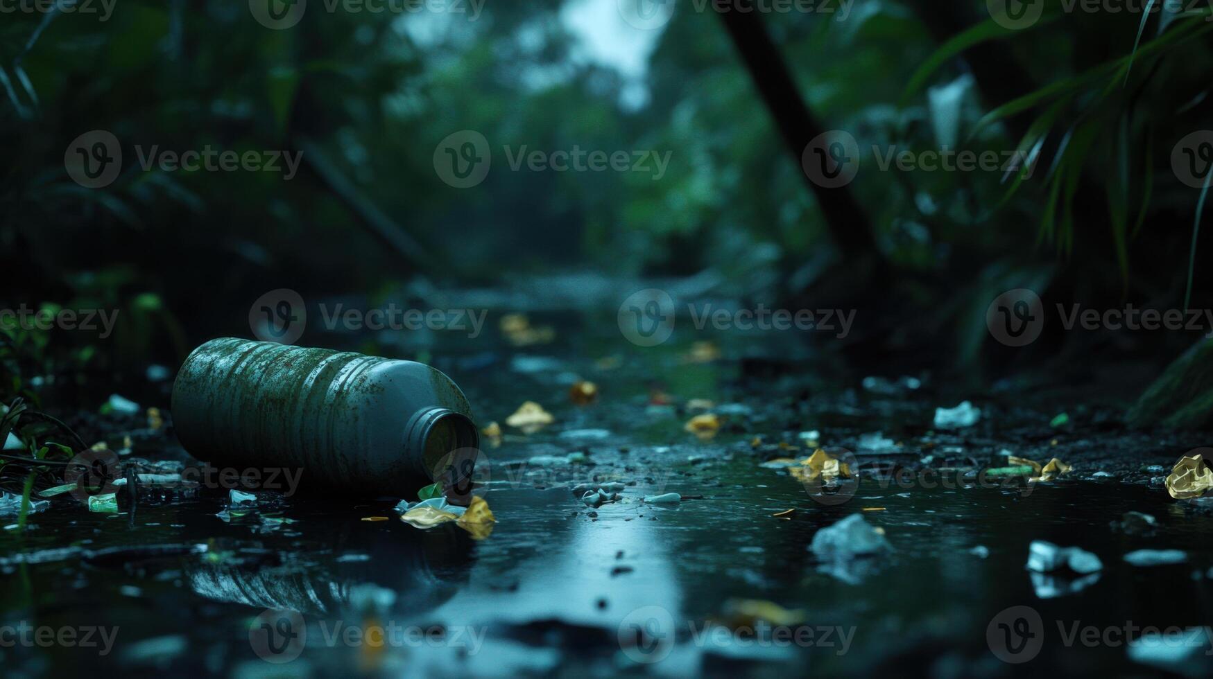 polluted river with floating plastic waste and debris, showcasing environmental issues photo
