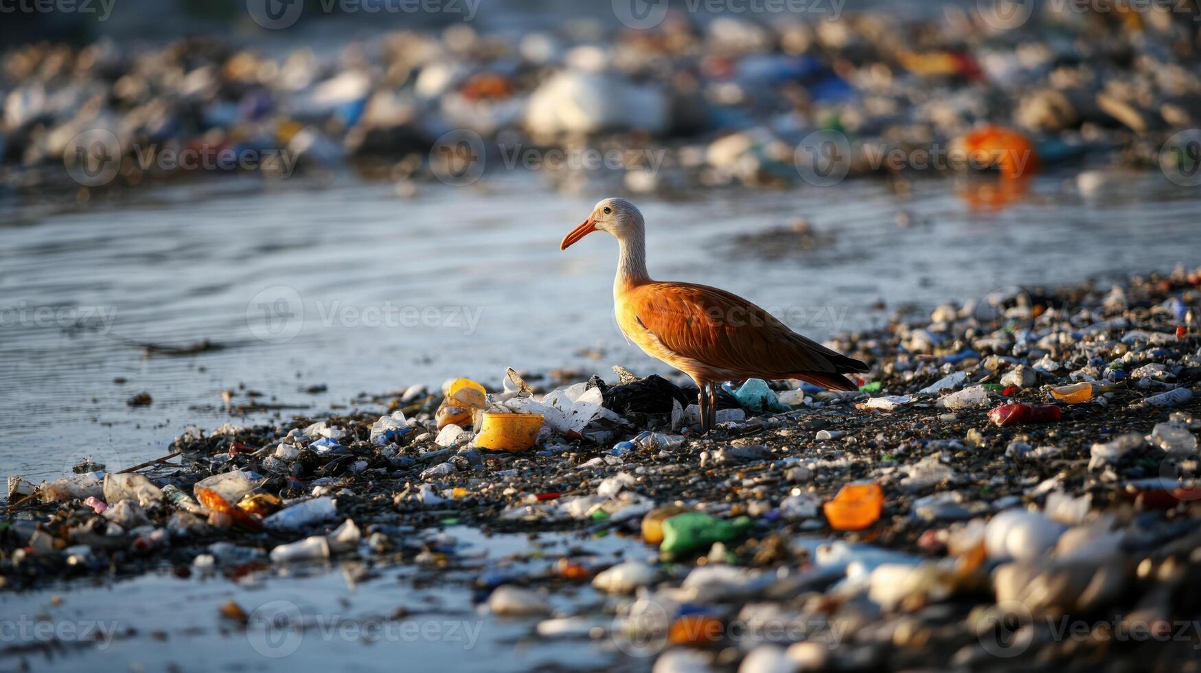 bird standing on polluted shore surrounded by plastic waste and debris photo