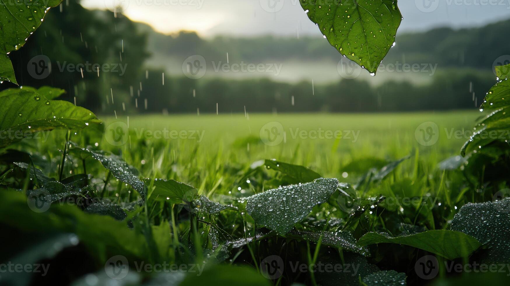 Raindrops on green grass and leaves photo