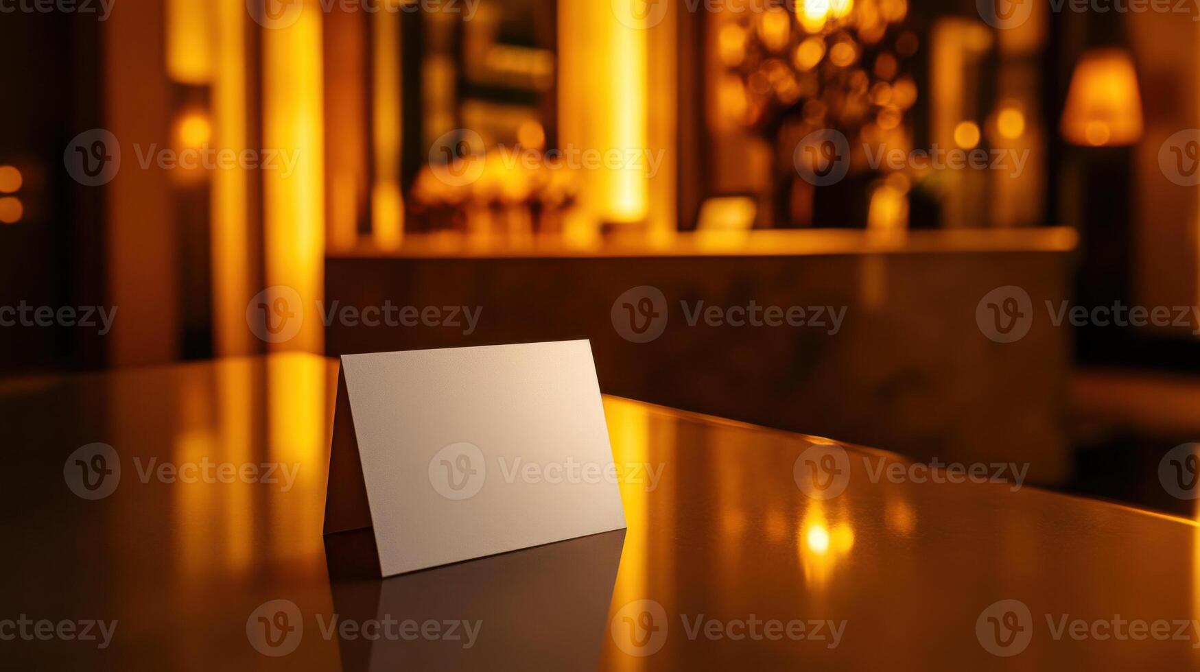 A white square card on a table in a restaurant photo