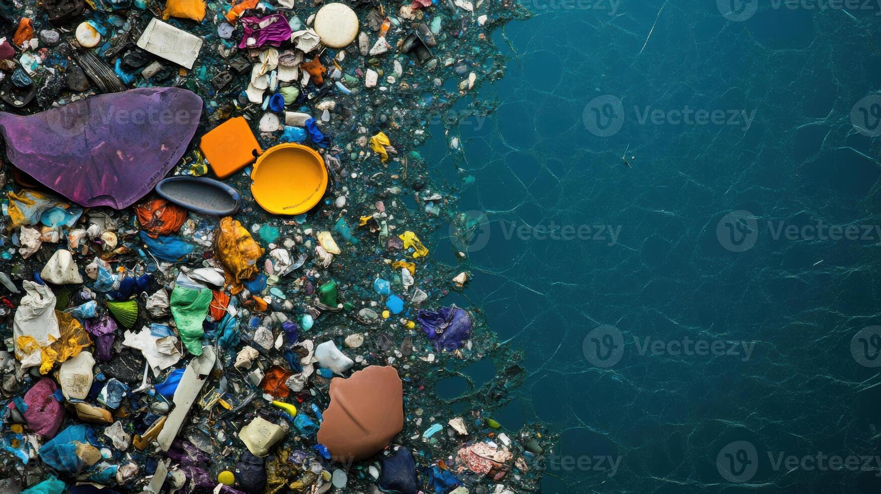 massive garbage patch floating in ocean, showcasing plastic waste and debris photo