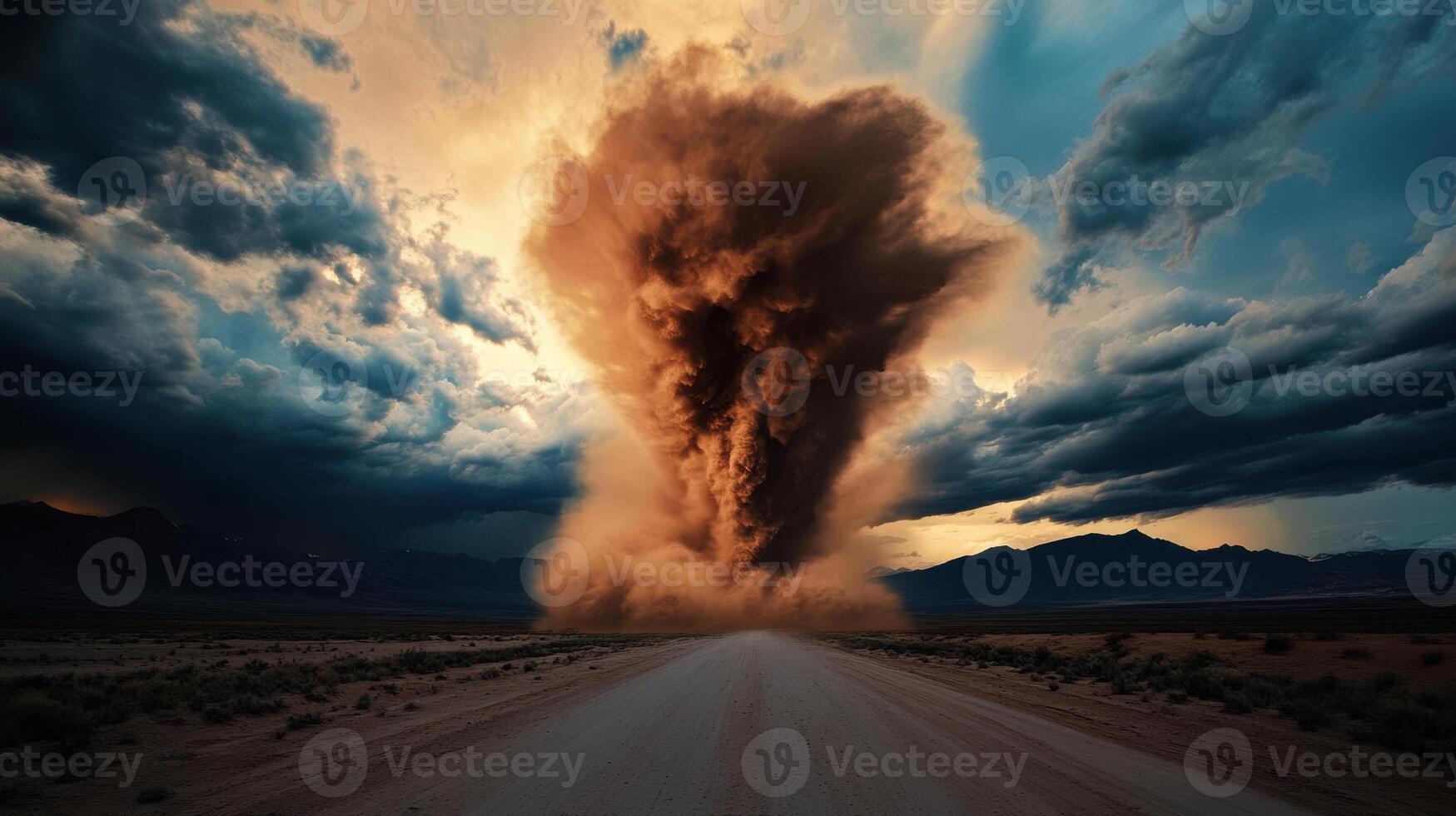 A large cloud of dust is blowing in the desert photo