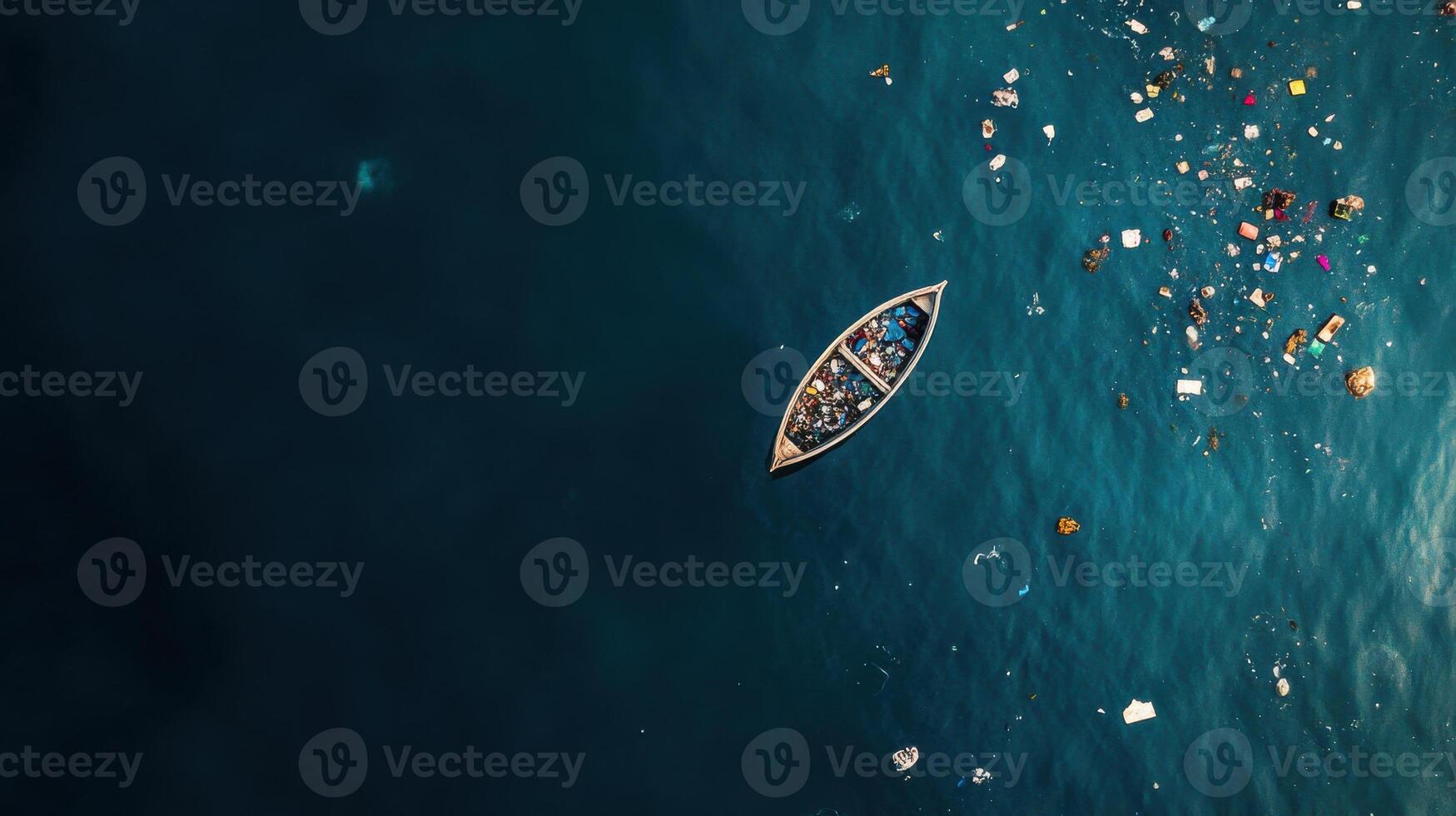 boat surrounded by massive garbage patch in ocean, highlighting pollution photo