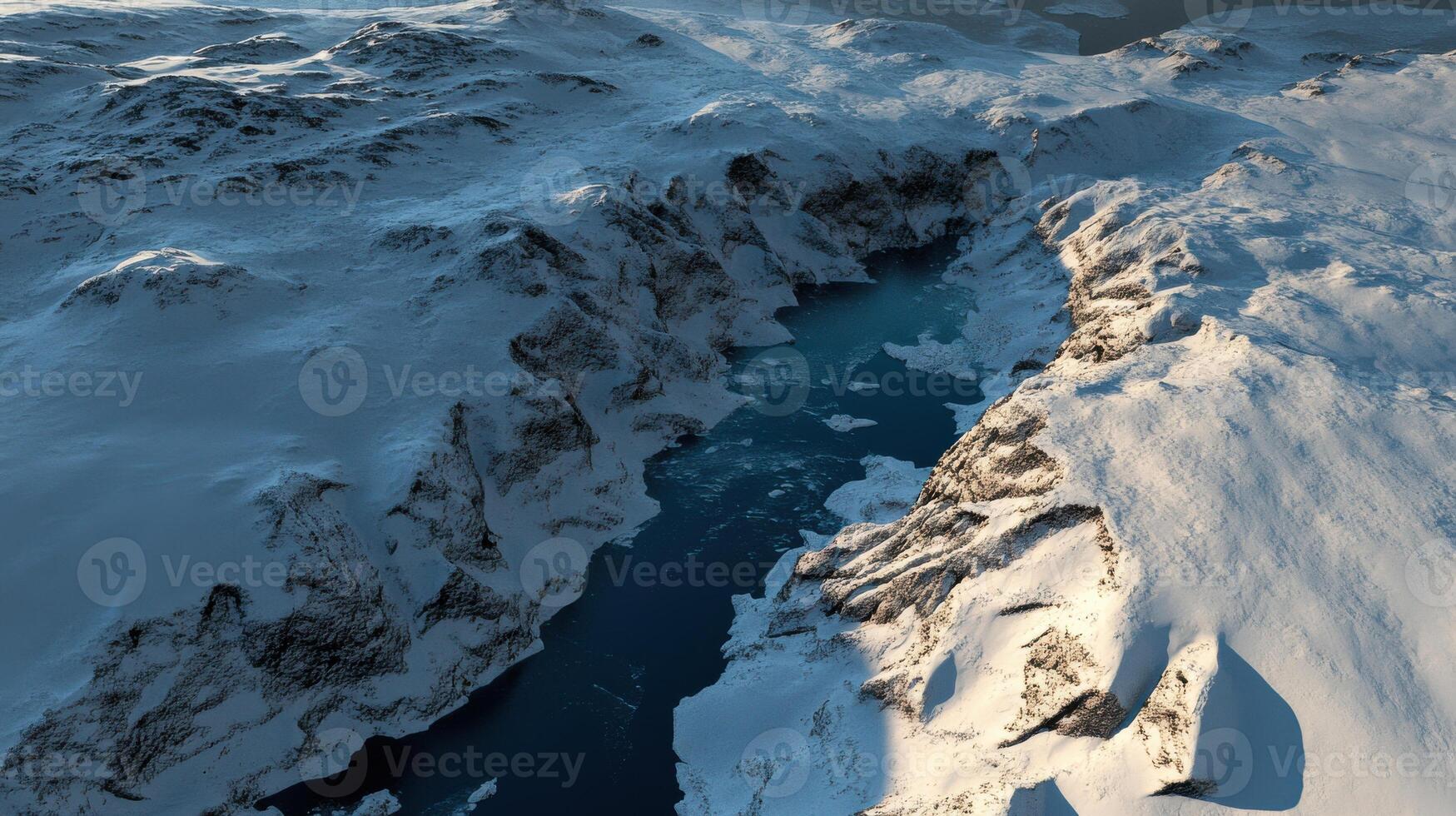 A large body of water surrounded by snow photo