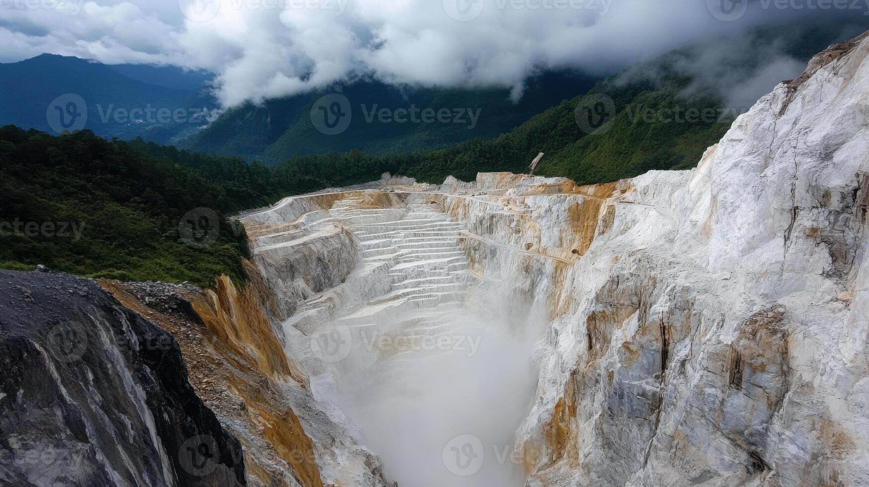 The view from the top of a mountain with white water flowing down photo