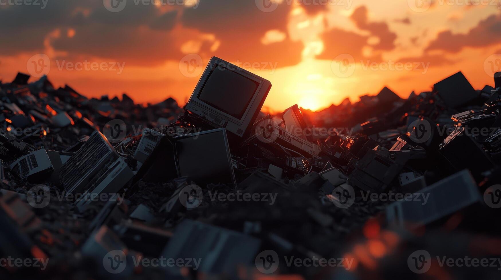 A pile of old computers and monitors at sunset photo