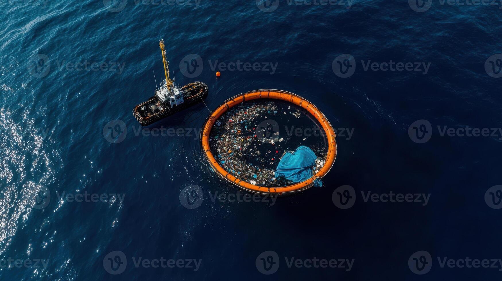 massive garbage patch floating in ocean, filled with debris and waste photo