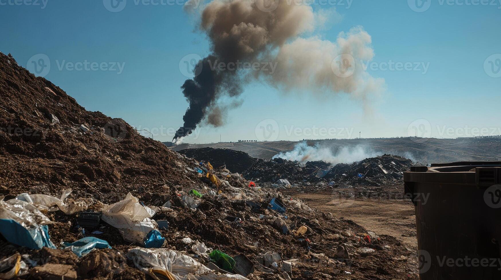 A dumpster with trash and smoke coming out of it photo