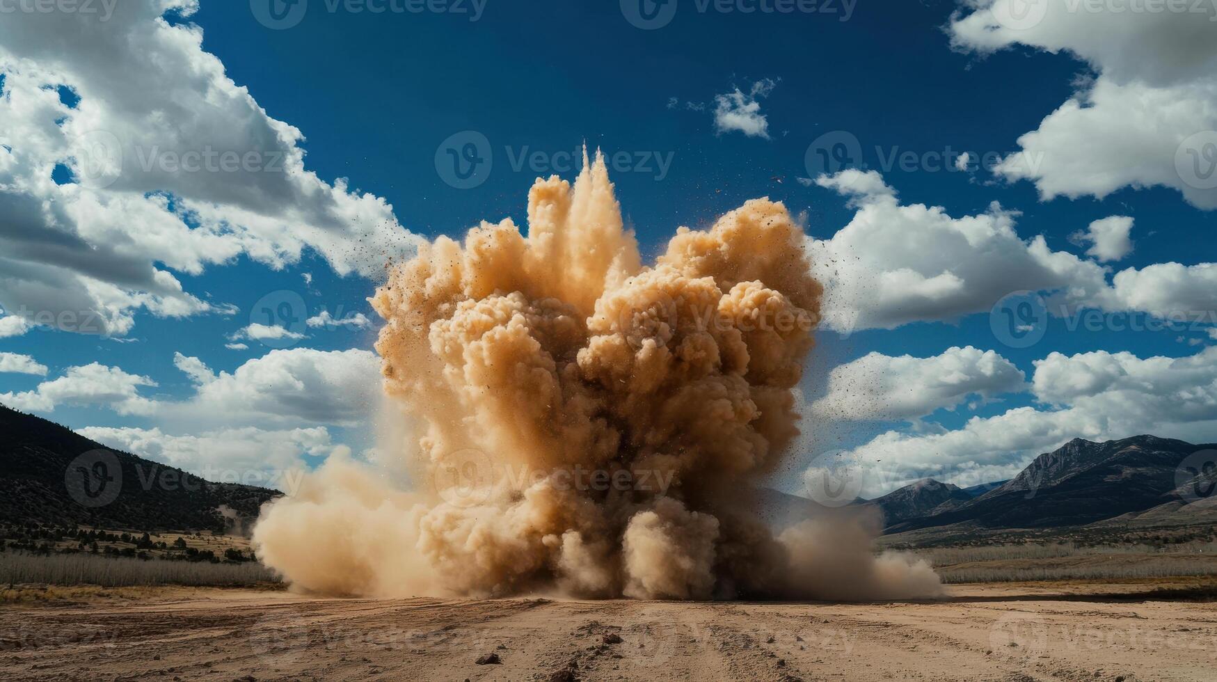 mine explosion sending dust and debris into air under blue sky photo