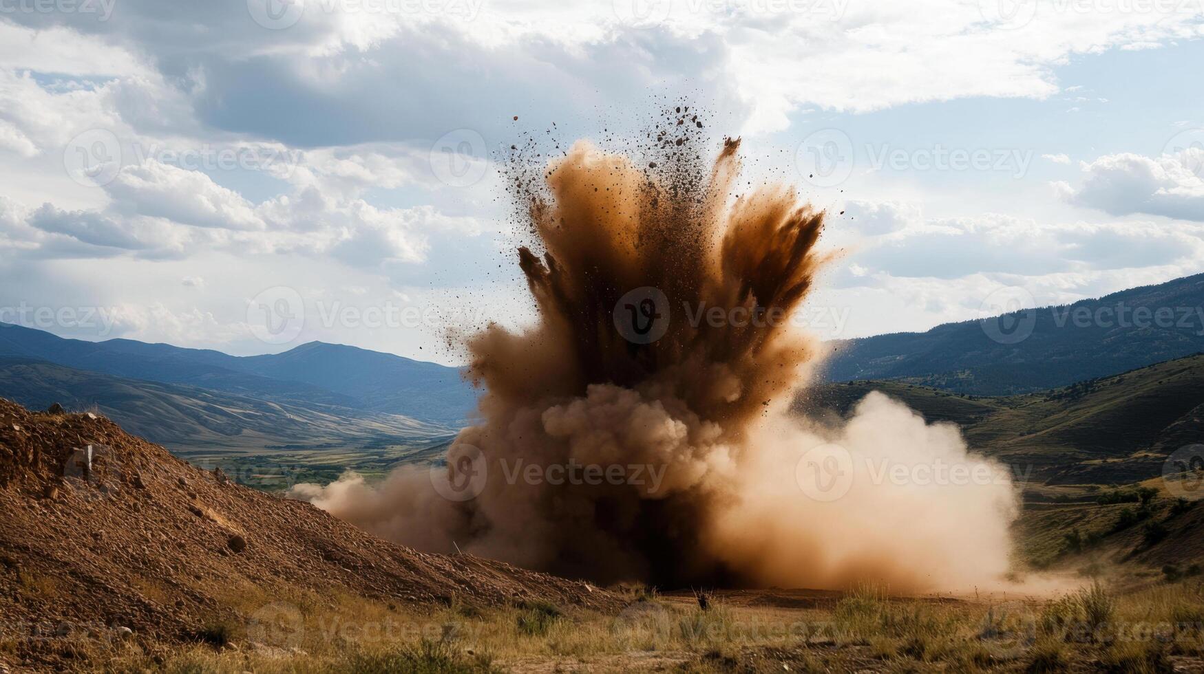 A large explosion is seen in the middle of a field photo