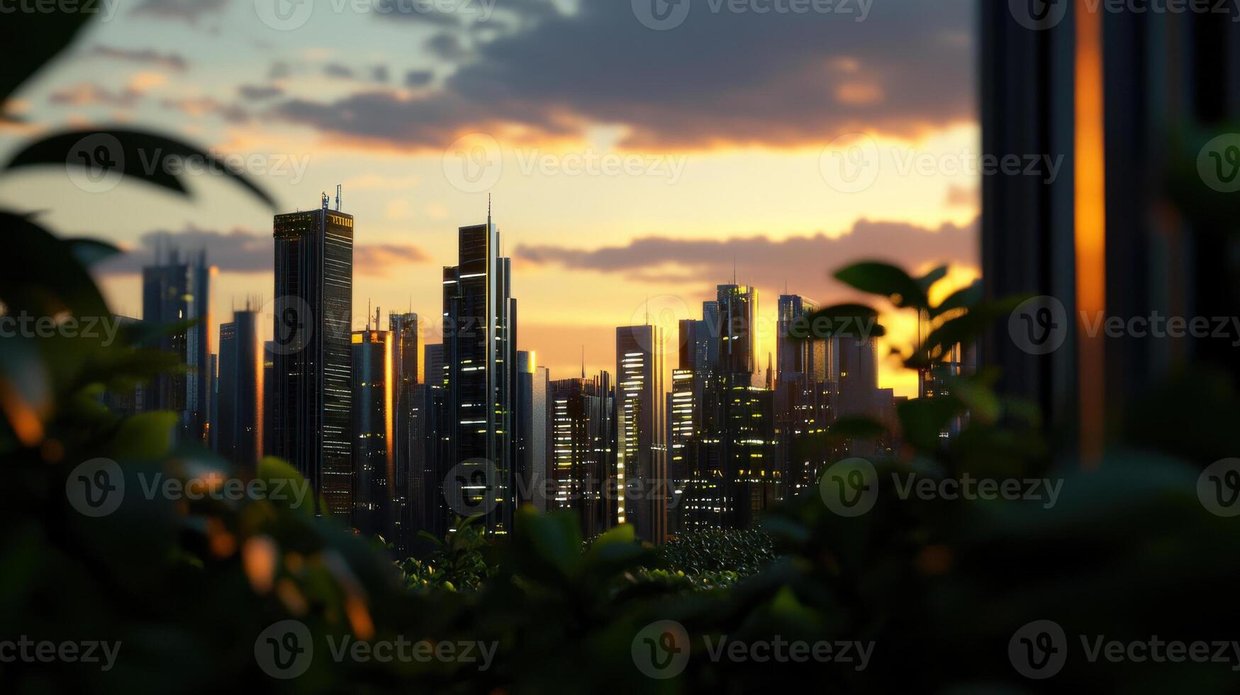 A cityscape with trees and buildings at sunset photo