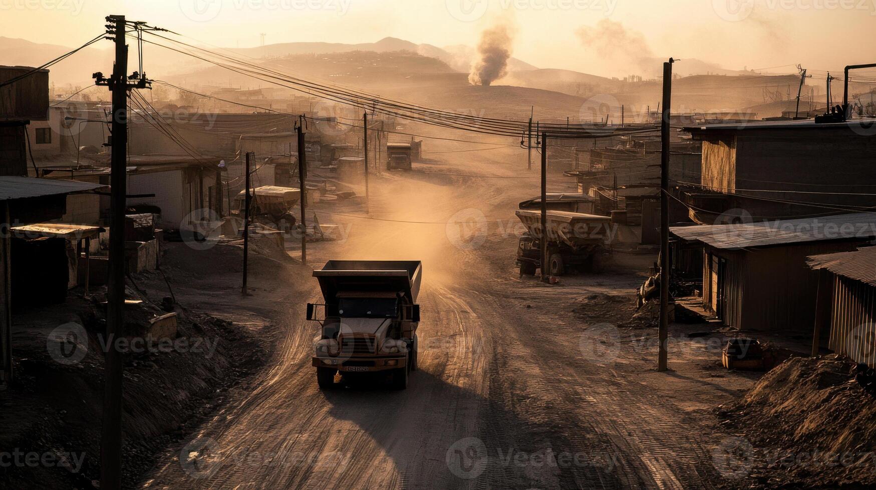 mining town with dusty roads and trucks transporting raw materials photo