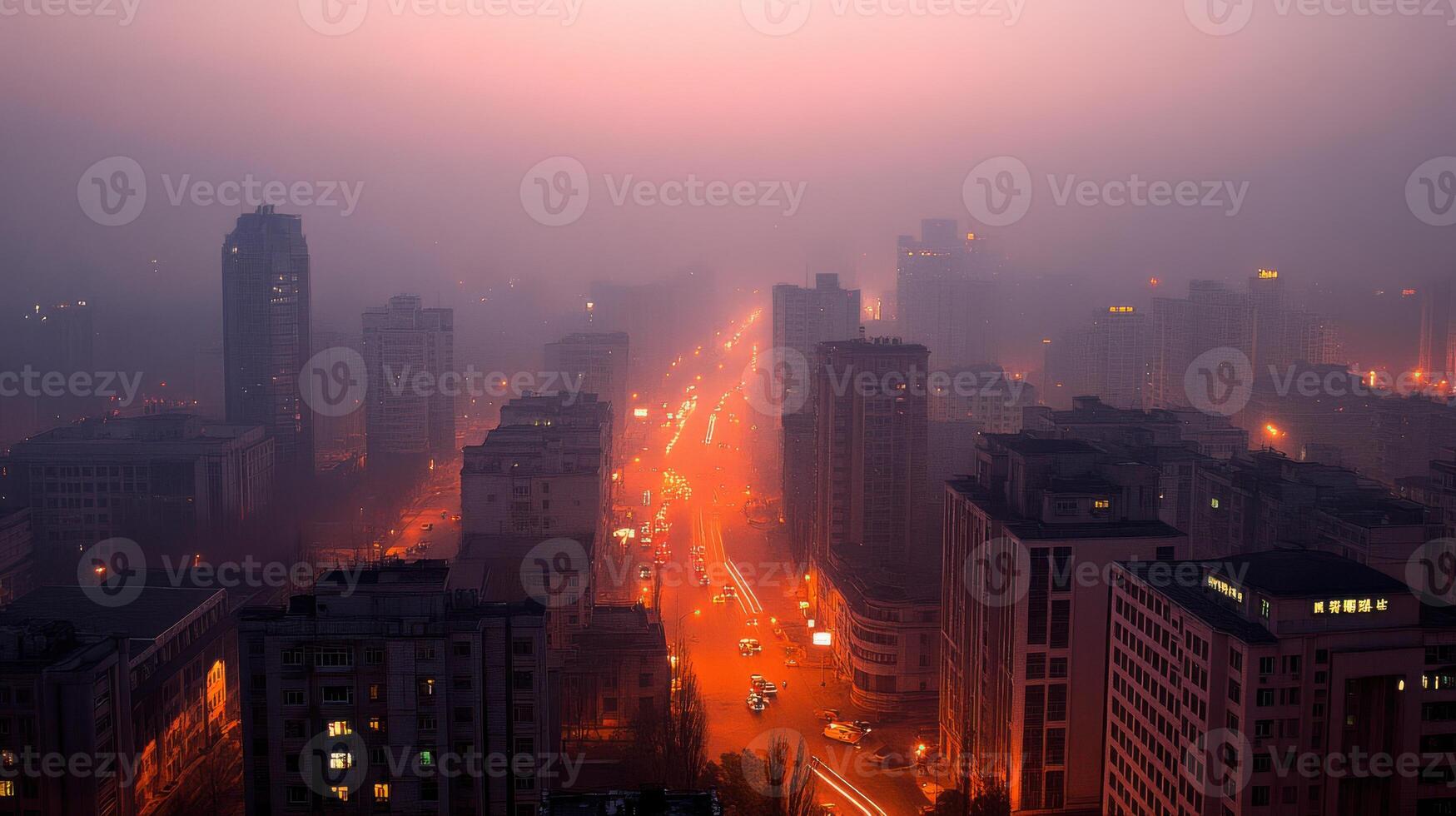 modern metropolis with neon lights and foggy atmosphere at dusk photo