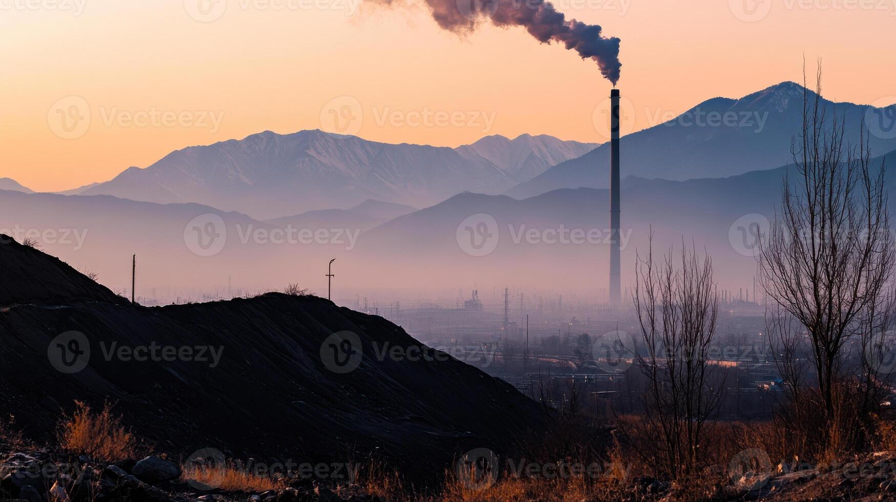 mountain landscape with pollution from factory chimney at sunset photo