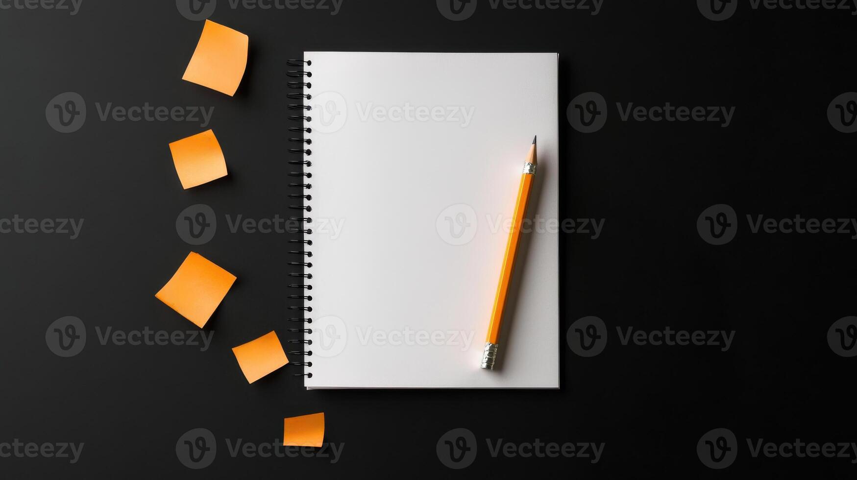 Notebook with pencil and sticky notes on black background photo