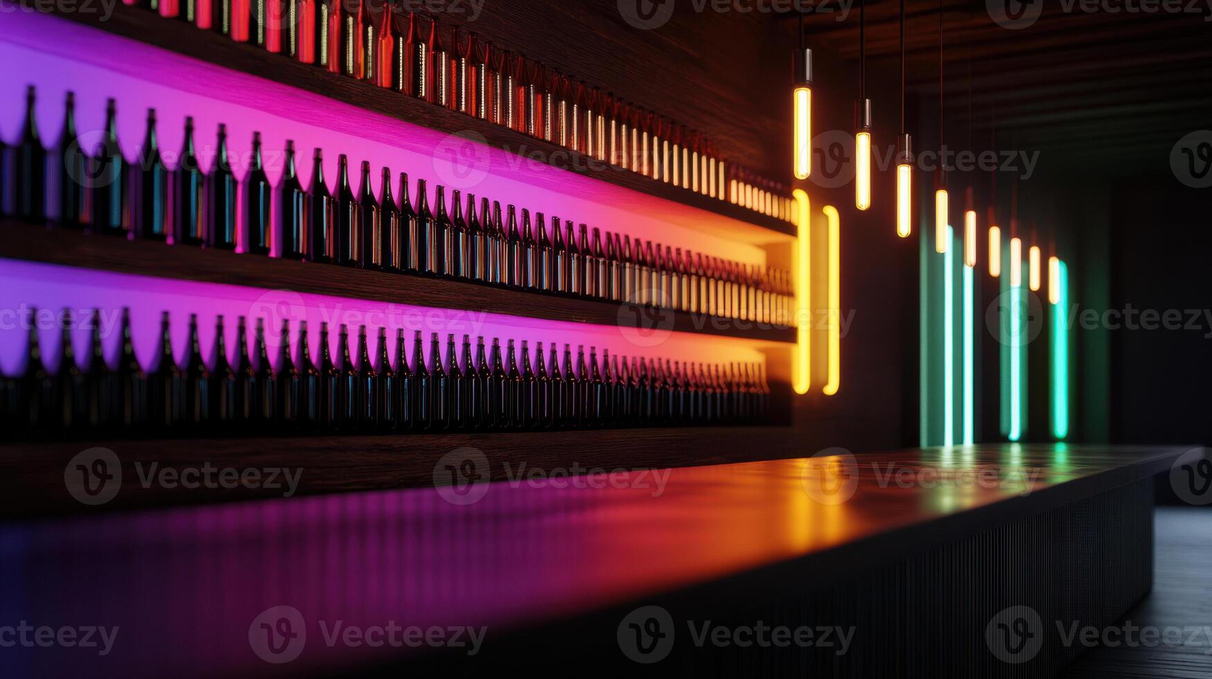 A bar with colorful lights and bottles on the wall photo