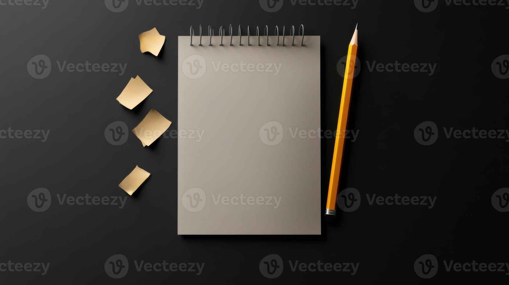 Notebook with pencil and paper on black background 3d render photo