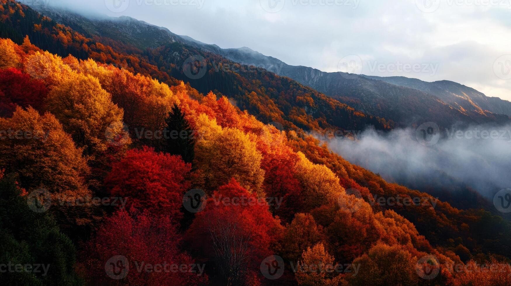 Vibrant autumn landscape with colorful fall foliage and misty mountains photo