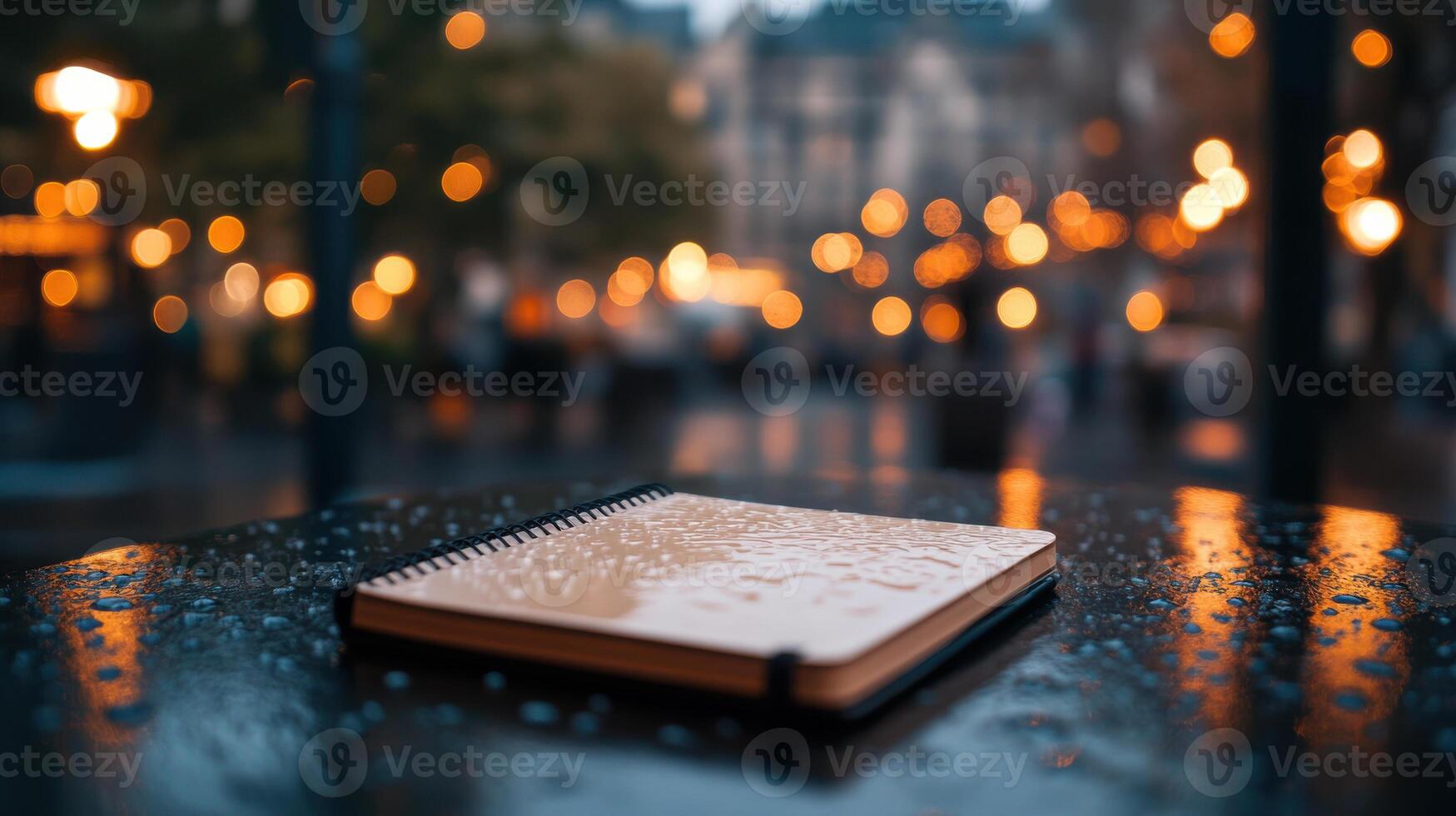 notebook lying on rain soaked cafe table with soft bokeh lights photo