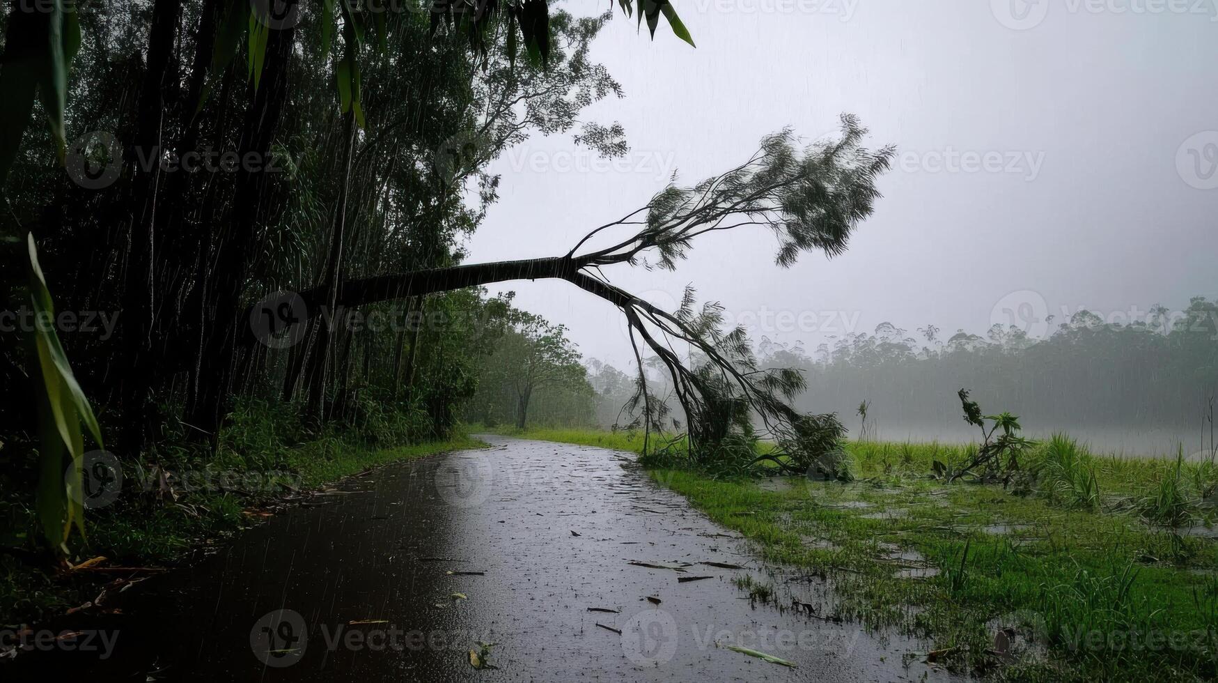 tropical rainforest scene with fallen tree during heavy monsoon storm photo