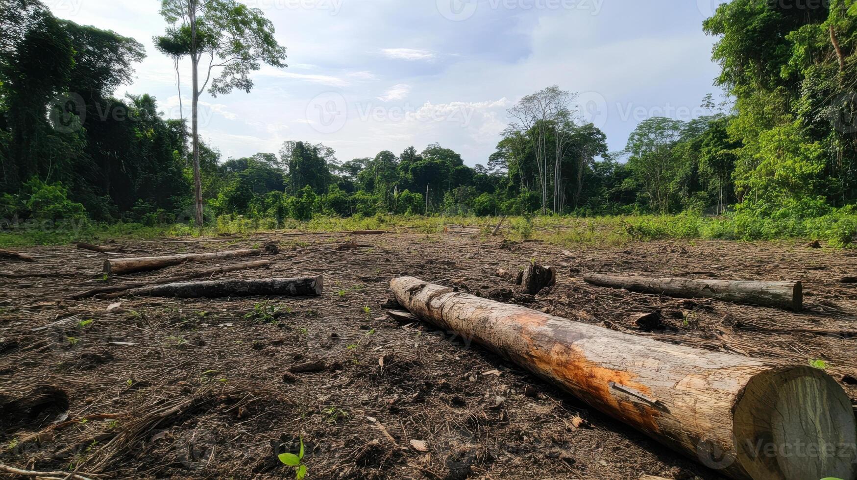 Deforested land with cut trees and sparse vegetation in tropical forest photo