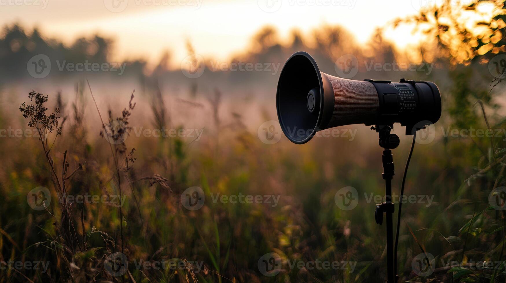 loudspeaker in serene countryside setting at sunset photo