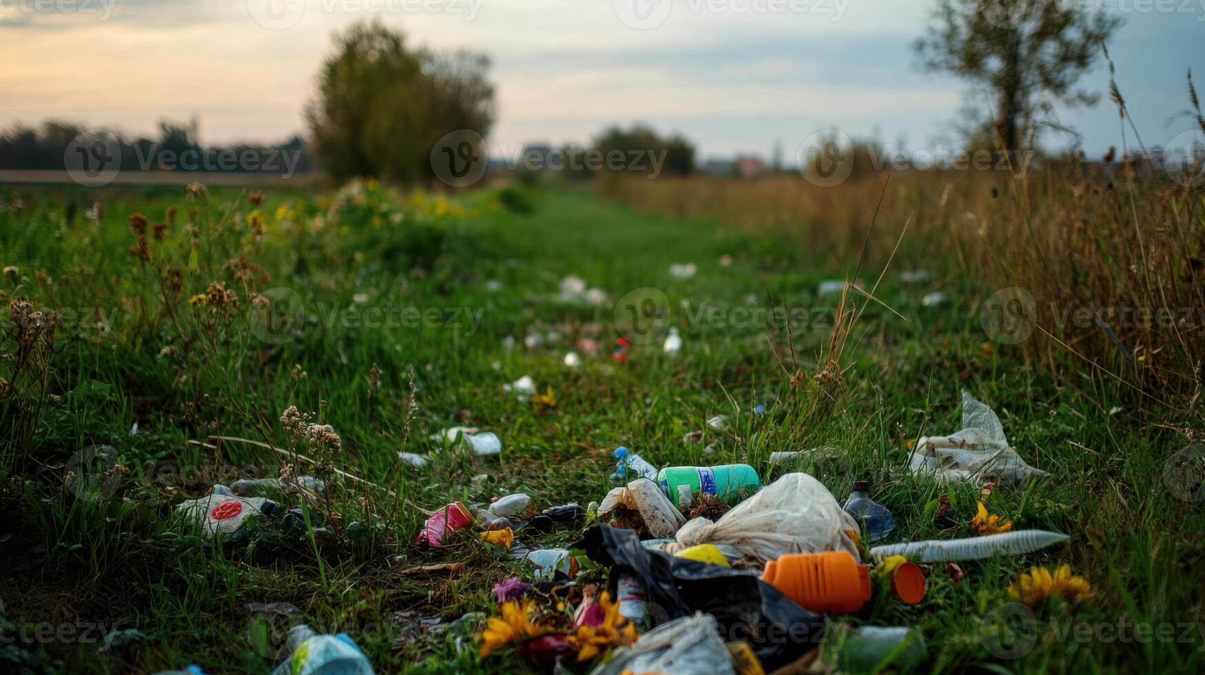 polluted meadow filled with plastic waste and debris, highlighting environmental issues photo
