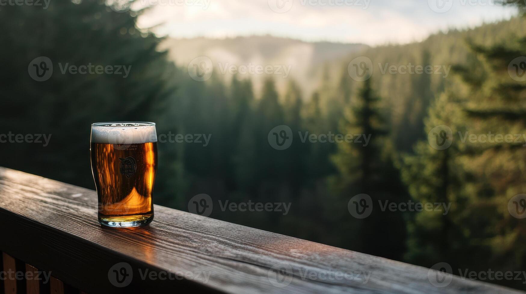 pint of beer on wooden porch with forest view, evoking relaxation photo
