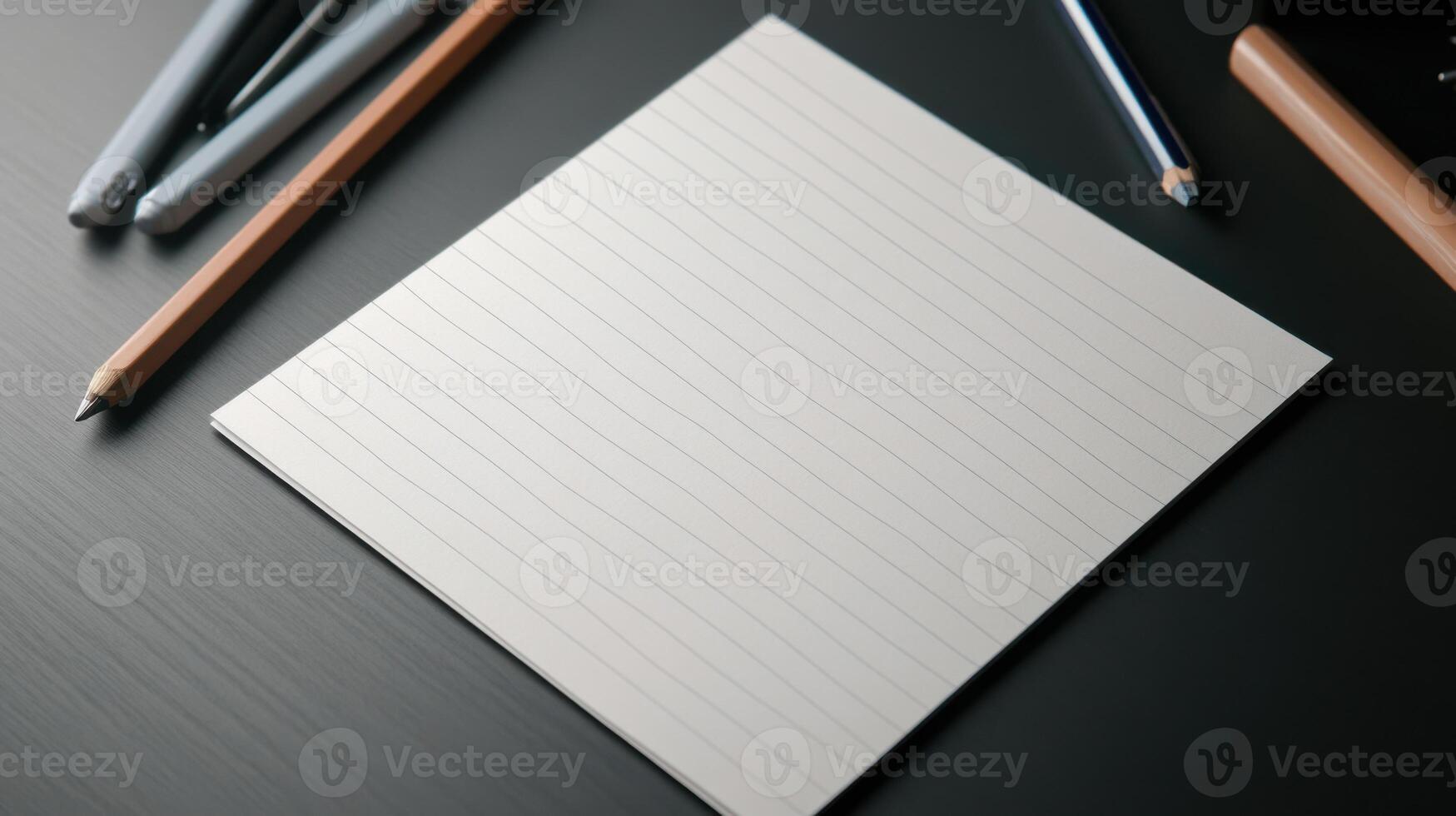 A notepad, pen and pencils on a desk photo