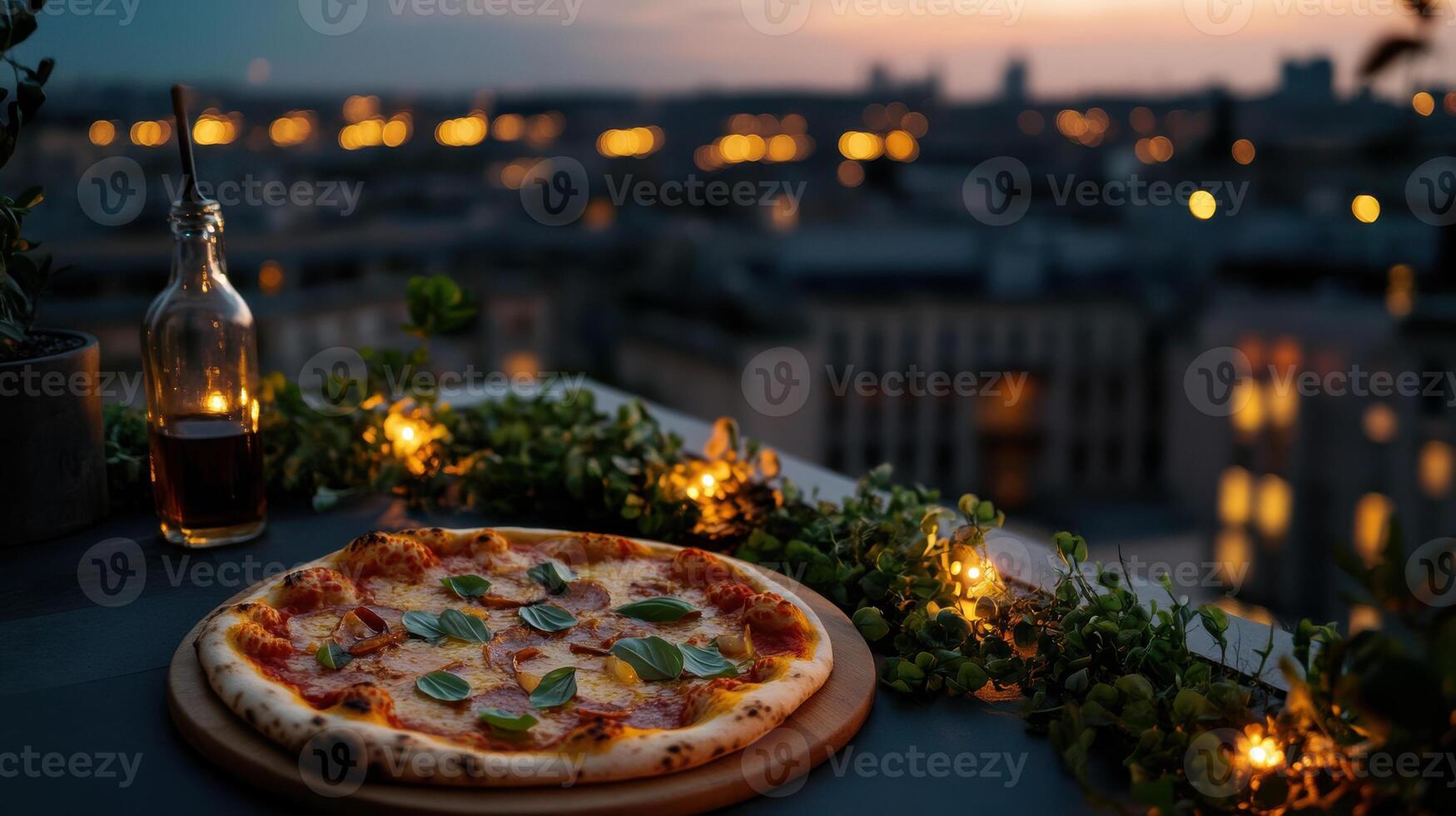 delicious pizza served on rooftop terrace at night, surrounded by city lights and greenery photo