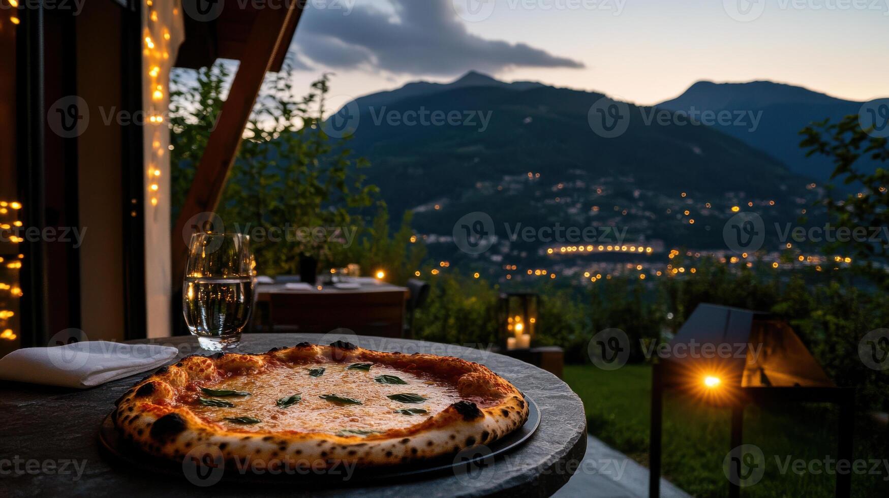 A pizza on a table with a glass of wine in front of a mountain view photo