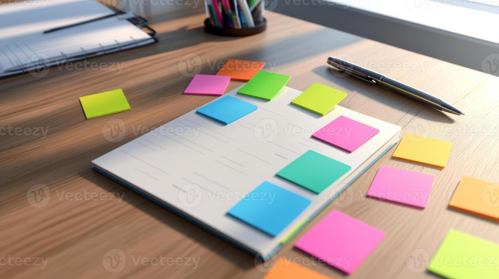 A desk with a notebook, pen, and sticky notes photo