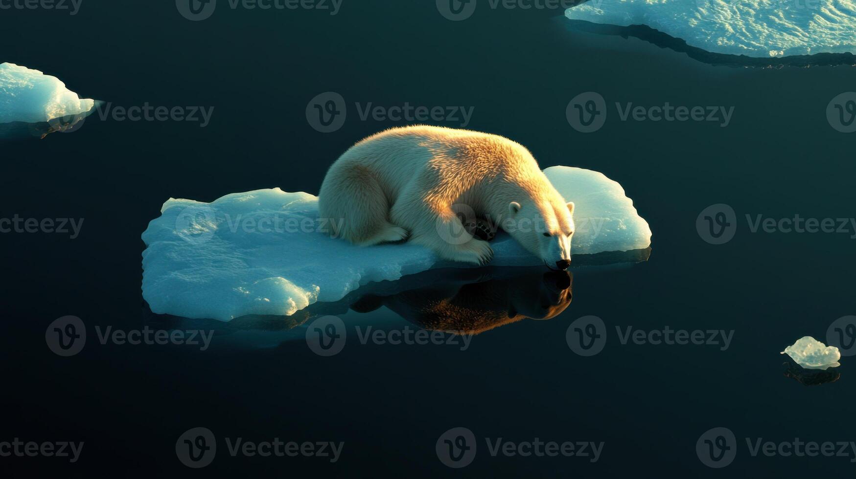 polar bear resting on small ice floe in tranquil sea, reflecting its image photo