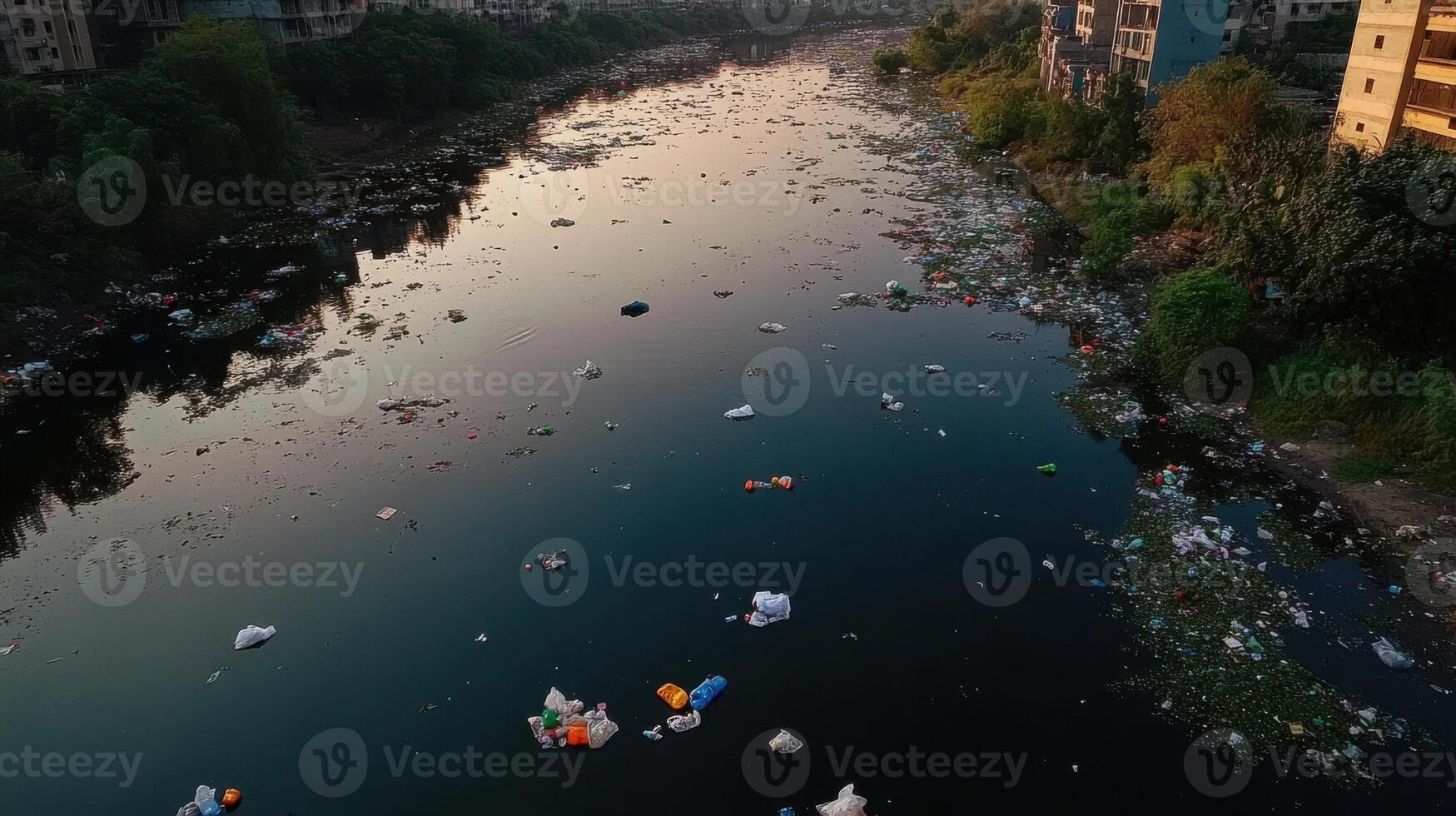 polluted river filled with floating plastic waste and debris photo