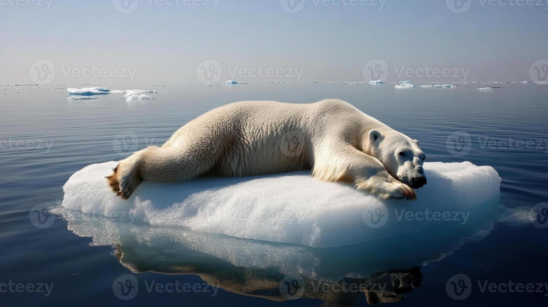 polar bear resting on shrinking ice floe in serene ocean setting photo