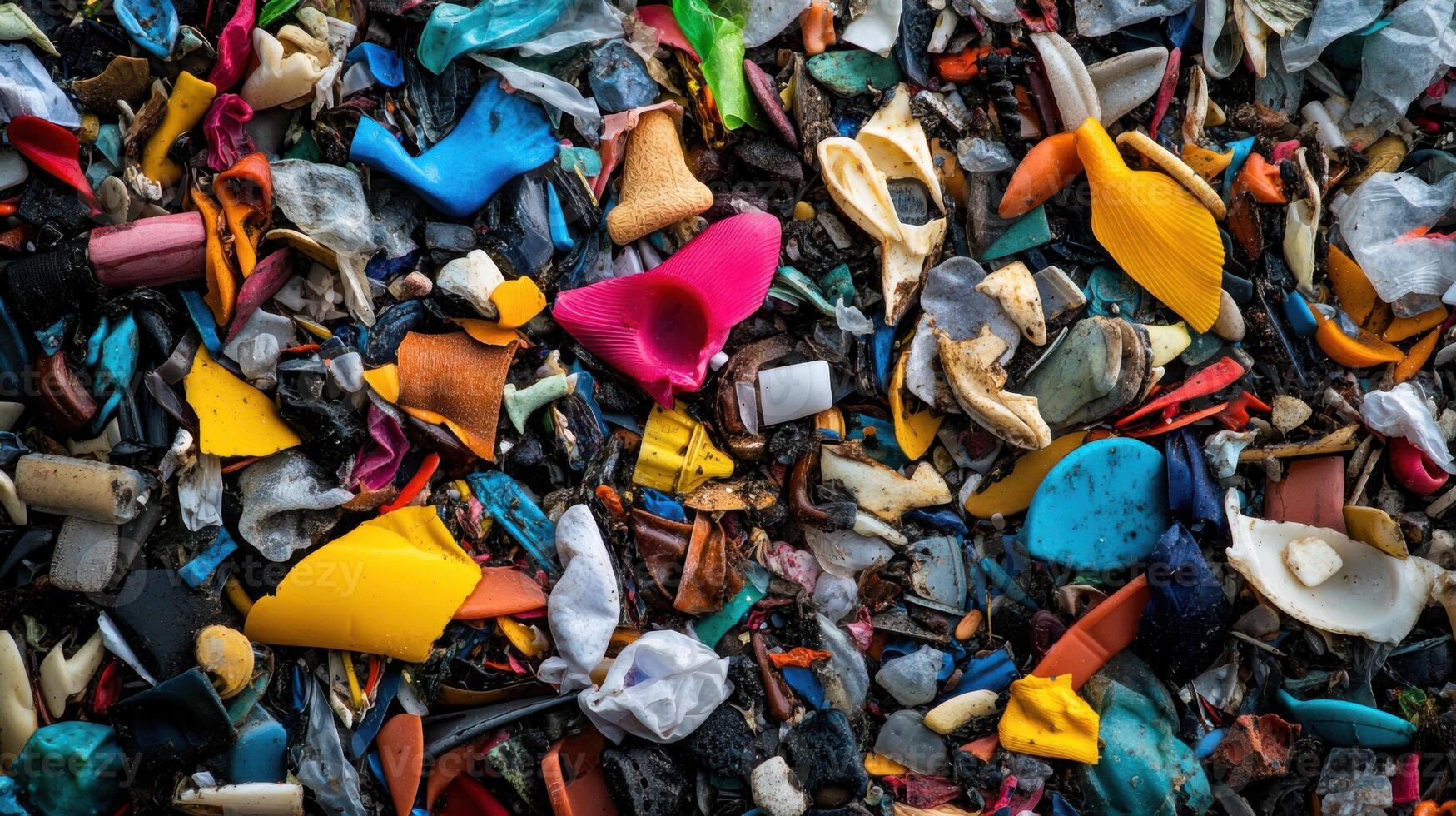 Polluted beach covered with plastic waste, harming marine life and environment photo